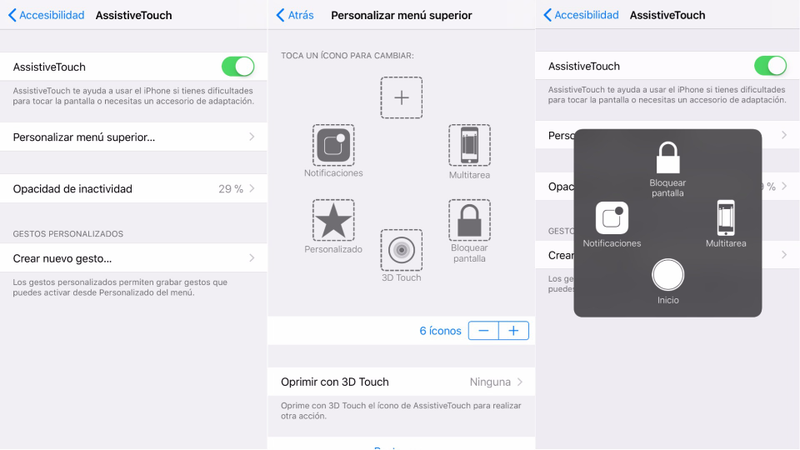 De izquierda a derecha: activar AssistiveTouch, personalizar el menú de AssistiveTouch con los botones que deseas (uno de ellos debe ser “Inicio”) y, por último, cómo se ve AssistiveTouch cuando lo usas. (Imagen: Gizmodo en Español)